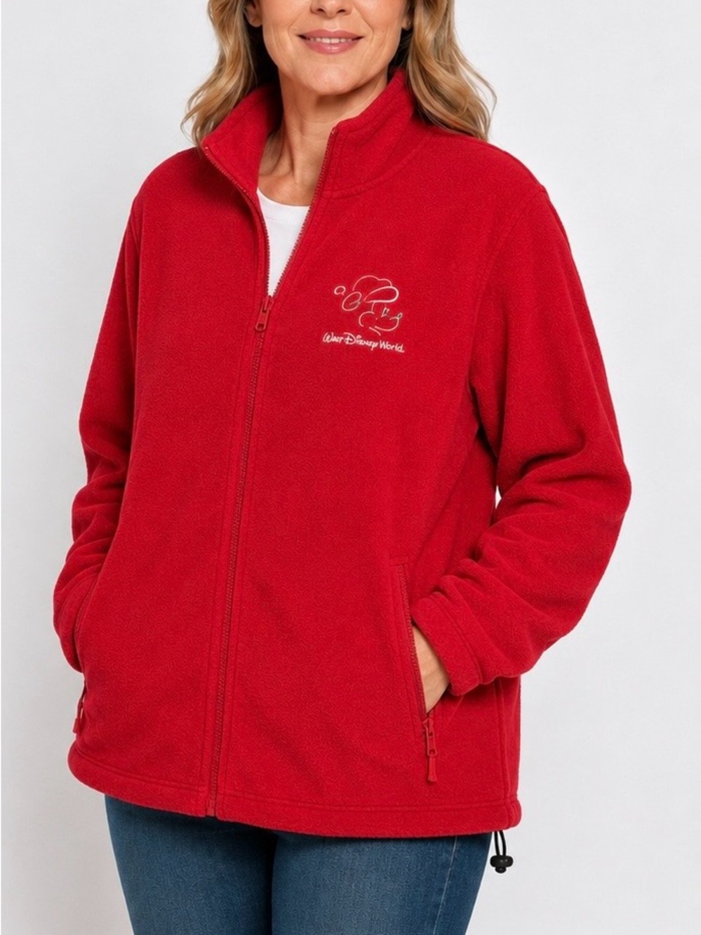 Vintage Walt Disney World Red Fleece Jacket Full Zip Mickey Embroidered Unisex